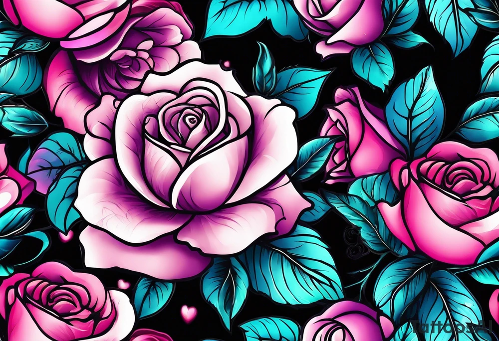 Pink purple roses with teal leaves tattoo idea