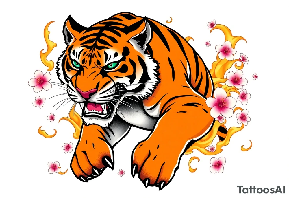 A fierce and majestic tiger, mid-roar, with piercing emerald-green eyes and bold orange-and-black striped fur. Its powerful muscles are accentuated by intricate shading, giving it a lifelike presence. Surrounding the tiger are swirling golden flames, symbolizing strength and resilience, while delicate cherry blossom petals in soft pink and white float around, representing balance between power and grace. tattoo idea