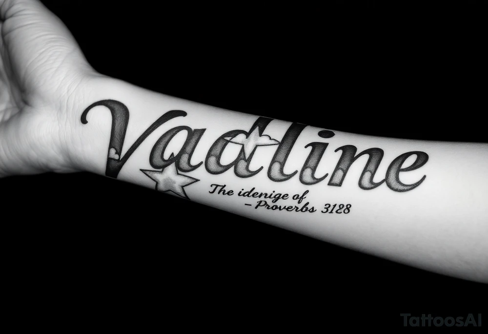 The name Vadline large print text on a human forearm in stencil format hot dog direction hyper realistic star with clouds and subtext underneath is the quote proverbs 31:28 from the bible tattoo idea