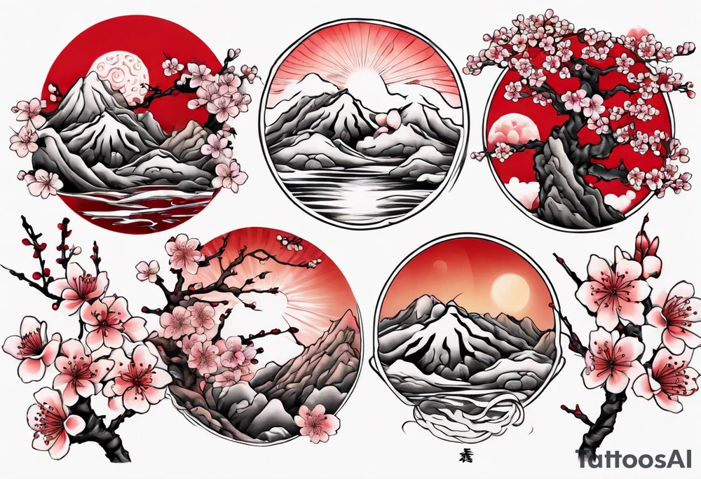 Cherry blossom red sun mountains tattoo idea