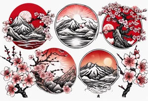 Cherry blossom red sun mountains tattoo idea