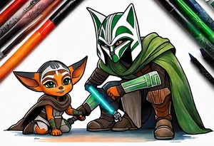 Ahsoka teaching young grogu who is wearing mandalorian armor crouching with a green lightsaber tattoo idea