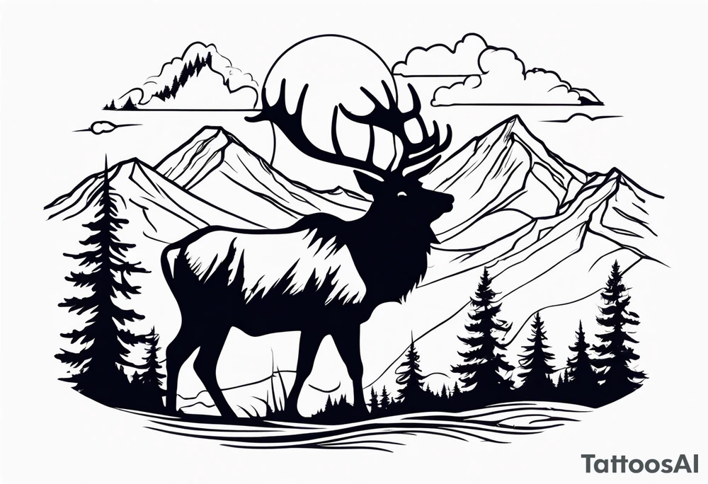 Elk water mountains rifle hunting trees birds deer bear tattoo idea