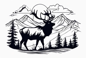 Elk water mountains rifle hunting trees birds deer bear tattoo idea