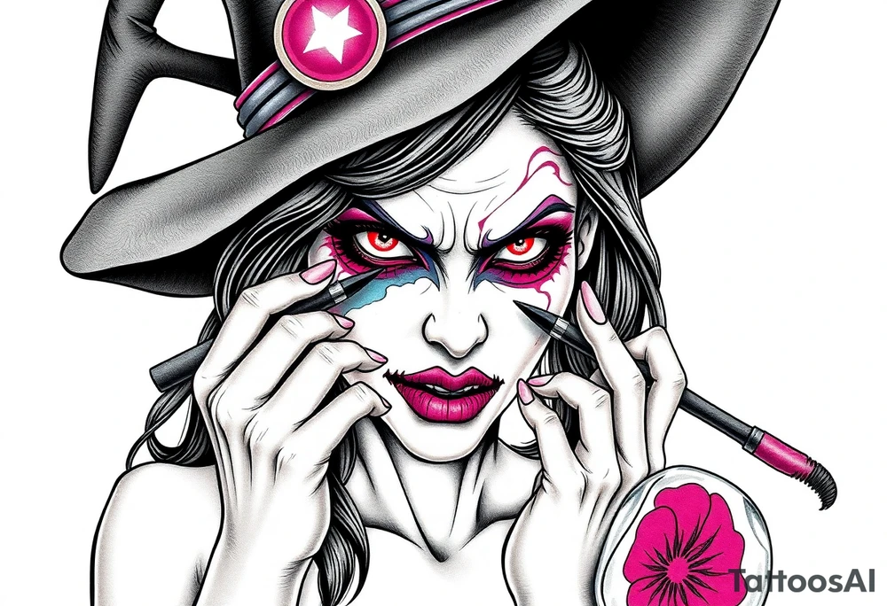 Evil Witch young woman putting scary make up on tattoo idea