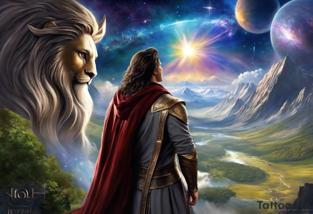 Jehovah looking out at the marvels of his creation from the atoms to the galaxy and celestial beings. With grey wash and a fantasy theme. Jehovah has to be a character who is so majestic, charismatic, immensely powerful. There isnt a single thing he isnt capable of doing. Infinitely powerful forward facing. Without the pagan styled attire and without the pagan symbols etcetera, shirtless, large muscular athletic physique, deep muscle definition tattoo idea