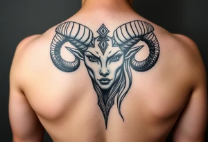 Powerful beautiful goddess being, with long ram like horns,seductive like tattoo idea