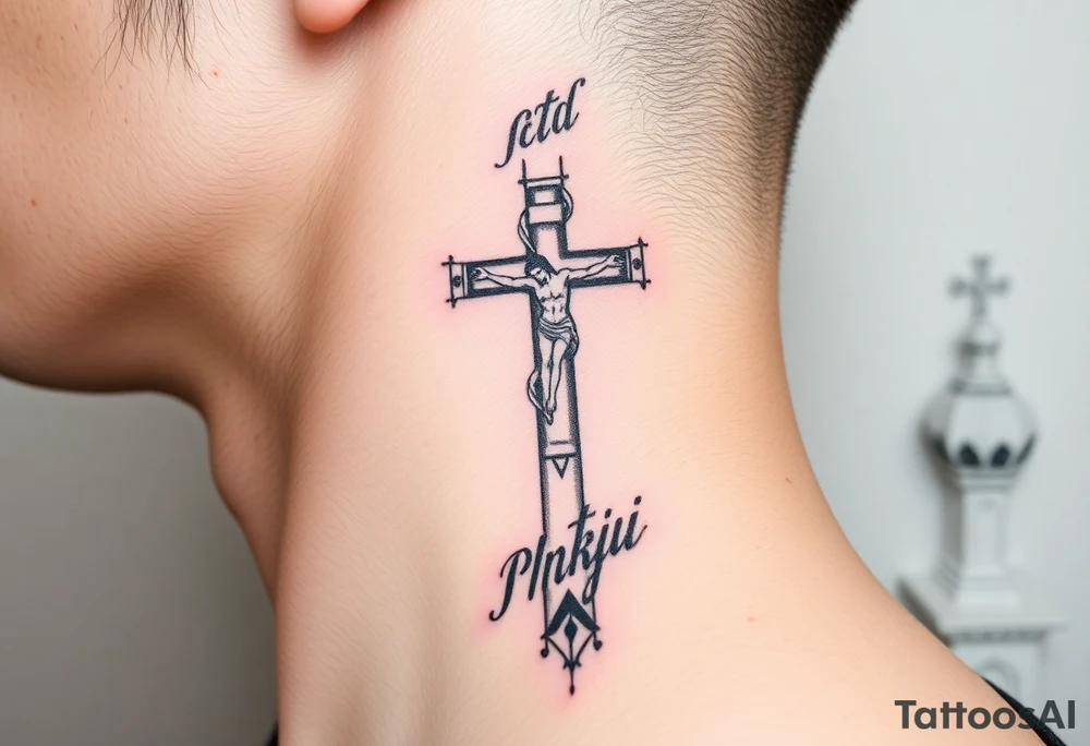 Traditional orthodox ICXC Christian cross with the small horizontal bar at the top with a plaque titulus, the central longest horizontal bar with Jesus Christ on the cross also with the slanted part of the cross where christs feet were nailed in a Russian wilderness Kremlin setting tattoo idea