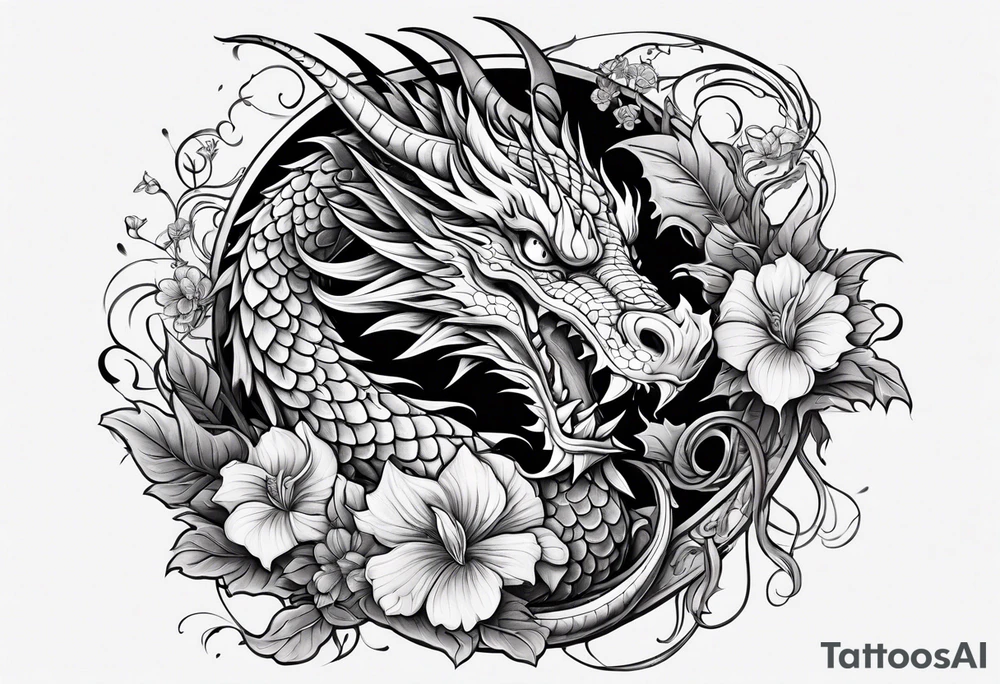 Dragon on forearm with vines and flowers tattoo idea