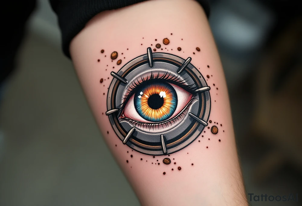 A kitchen eye tattoo features a realistic human eye nestled within the circular burner of a vintage stovetop, with metallic gray coils spiraling outward and the iris glowing a fiery orange-red as if lit from within, framed by subtle steam and tiny food splatters in soft pastel greens and browns for a surreal culinary twist. tattoo idea