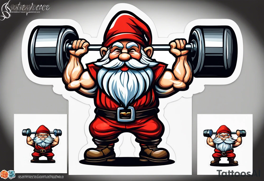 Strong old gnome lifting dumbells tattoo idea