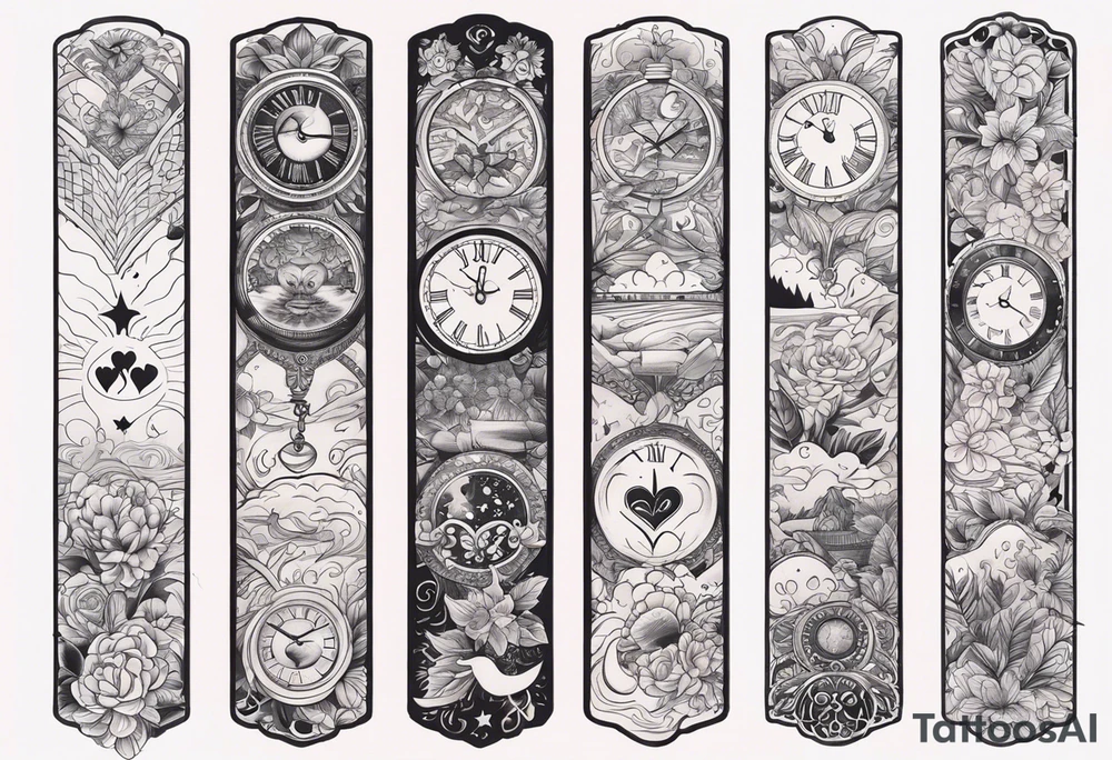 sleeve tattoo to contain the symbols family , love, health, time, money , happines tattoo idea