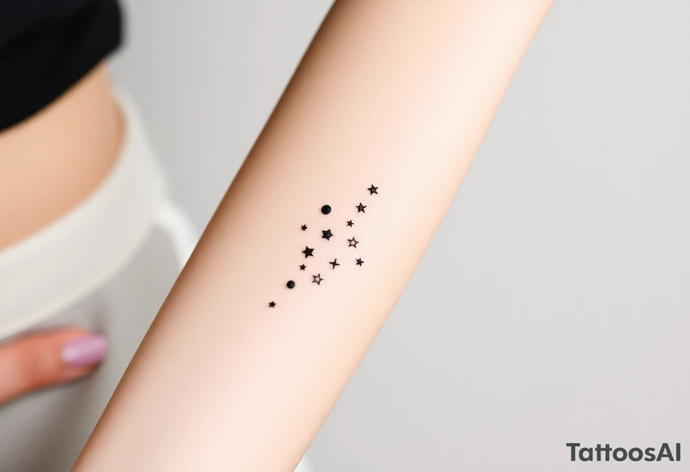 Can you design a few options for a meaningful minimal tattoo with dots, lines or stars that represents my kids? Three are living and two are deceased and I want something that represents that difference by having solid and hollow elements. tattoo idea