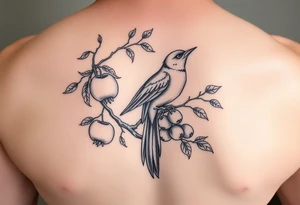 wind up bird in persimmon tree with lots of fruits and branches tattoo idea