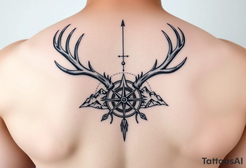 Spine tattoo of elk and deer antlers, a compass, and mountains tattoo idea