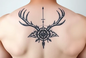 Spine tattoo of elk and deer antlers, a compass, and mountains tattoo idea