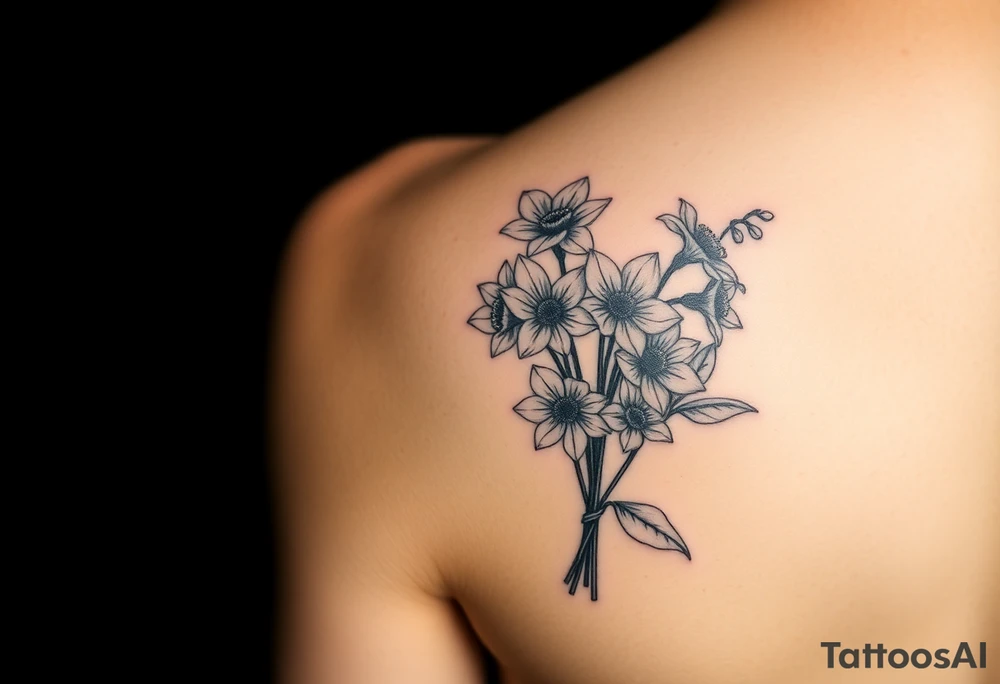 arm tattoo for women with bouquet of daffodils, daisies, lily of the valley tattoo idea