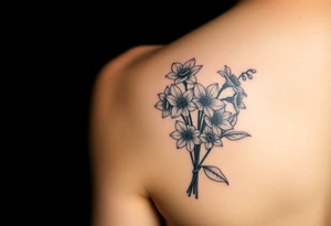 arm tattoo for women with bouquet of daffodils, daisies, lily of the valley tattoo idea
