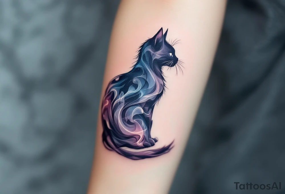 Mystic Smoke Cat Silhouette – A cat made of swirling smoke shapes in dark gray, slate blue, and faint lavender tones. tattoo idea
