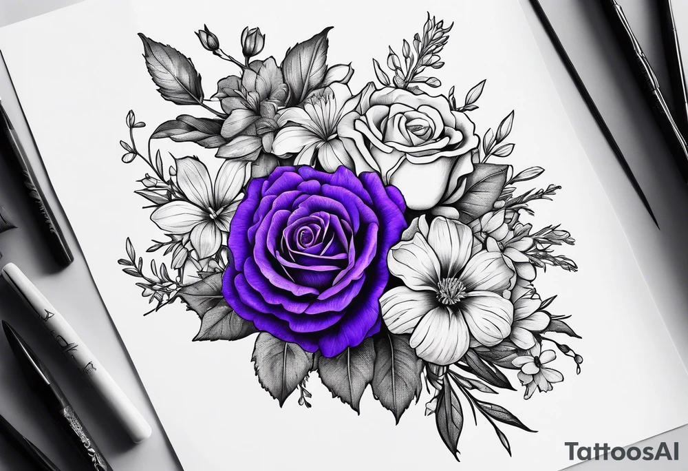line drawing of a bouquet with a violet, a rose, a larkspur and an aster tattoo idea