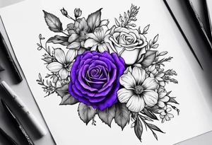 line drawing of a bouquet with a violet, a rose, a larkspur and an aster tattoo idea