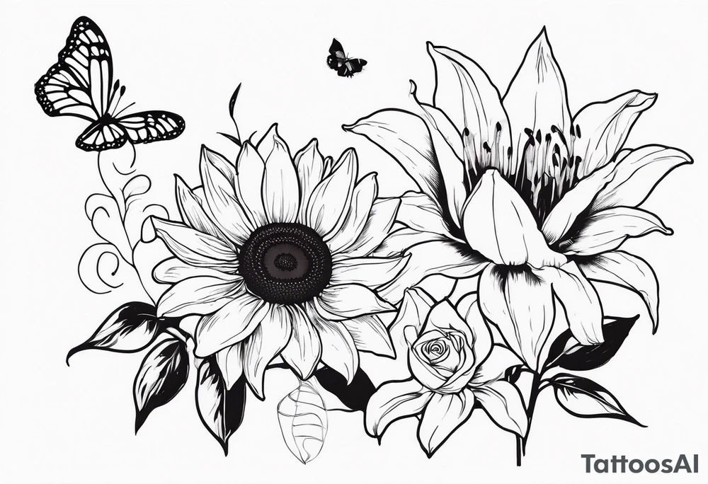 Sunflower and lily with butterflies tattoo idea