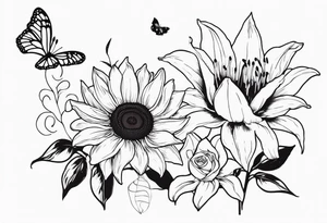 Sunflower and lily with butterflies tattoo idea