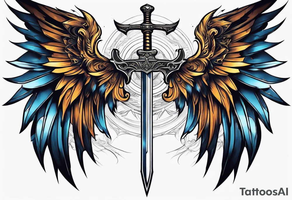 Sword with cyber sigilism wings tattoo idea