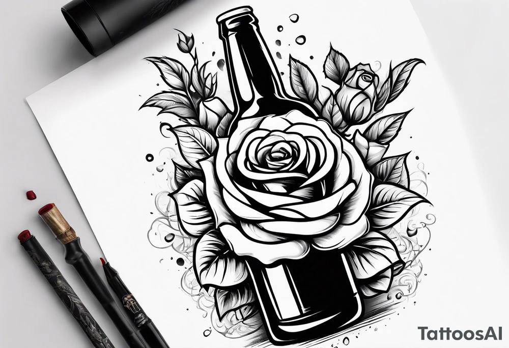 A bottle of beer and a stalk of rose in the bucket tattoo idea
