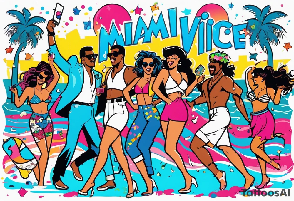 1980's miami vice style beach dance 
party, include confetti, music notes, boom box, bikinis tattoo idea