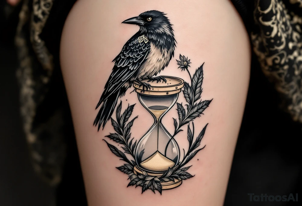 Crow and Hourglass – A crow perched on a tipped hourglass, with sand falling into feathers. Monochrome with accents of dusty gold and shadowy browns. tattoo idea