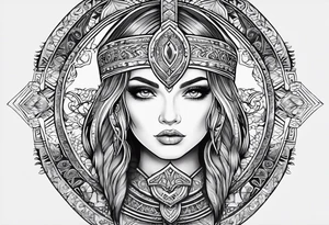 Viking, feminine warrior, mandala, bedroom eyes, headshot, closeup, full design, princess tattoo idea