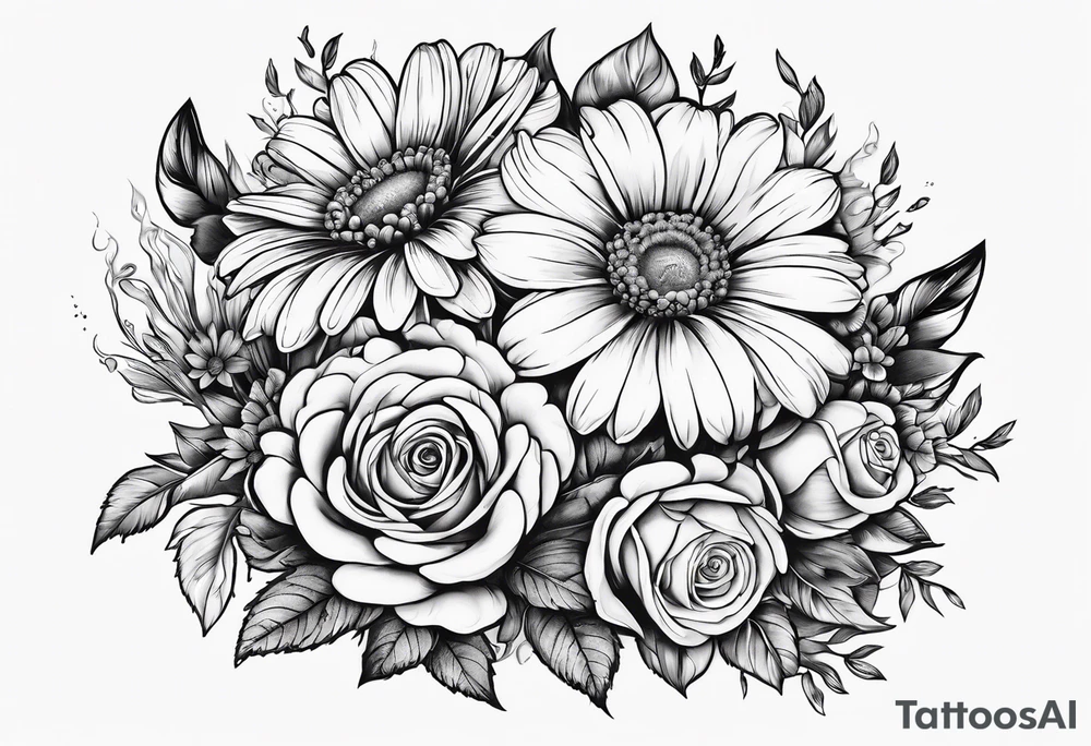 Boquet of daisys and roses with a flame surrounding them tattoo idea