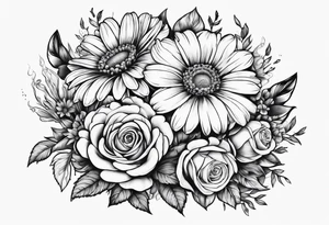 Boquet of daisys and roses with a flame surrounding them tattoo idea