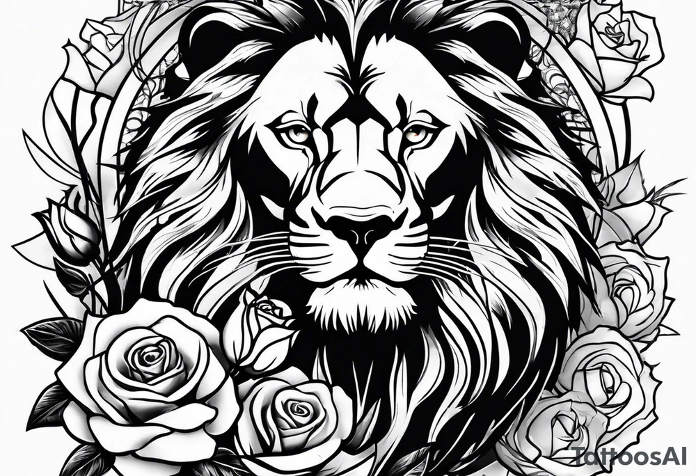 Lion with roses & spiders with stars tattoo idea