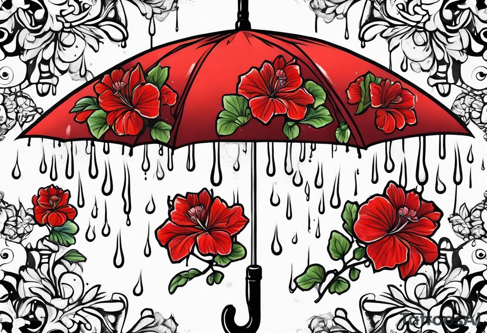 Upside down Umbrella with red geraniums with rain tattoo idea
