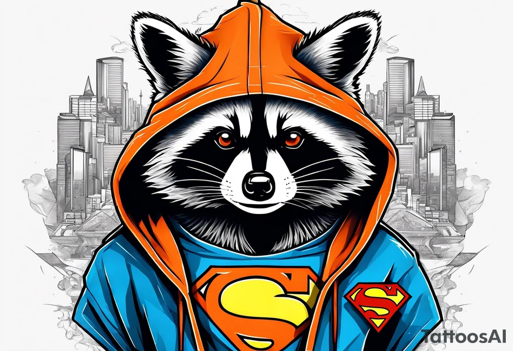 Raccoon wearing an orange Superman hoodie tattoo idea