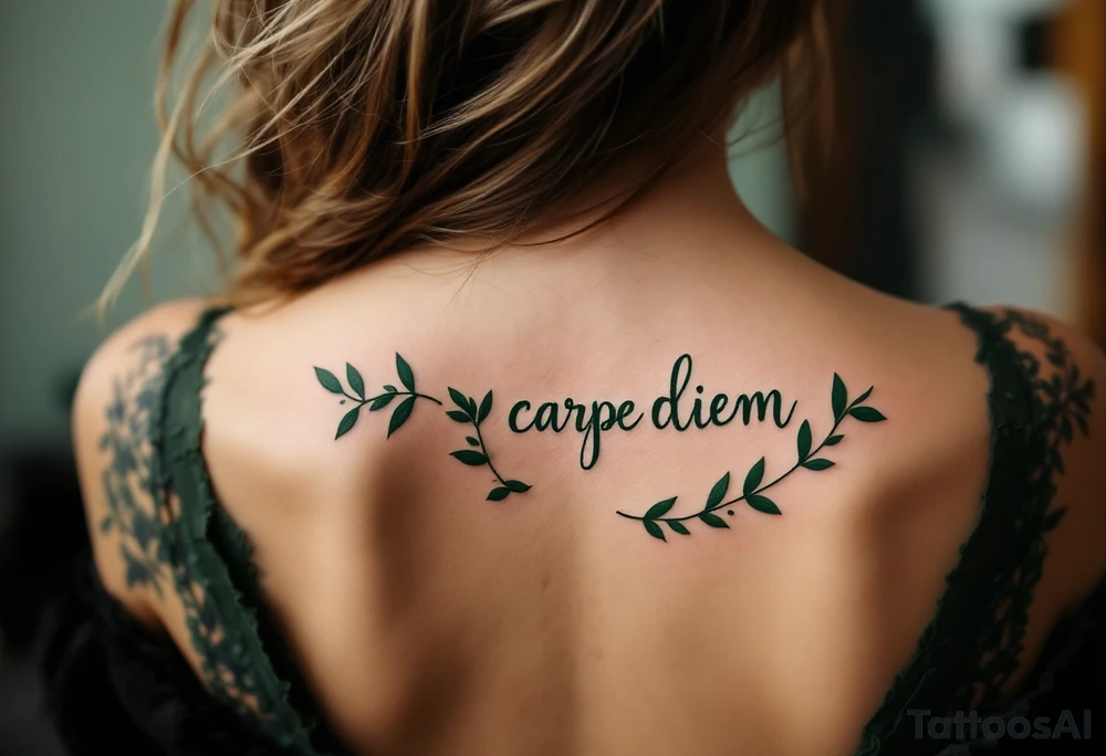 Elegant script "carpe diem" in deep forest green, framed by a wreath of olive branches. tattoo idea