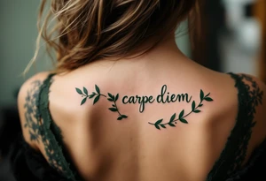Elegant script "carpe diem" in deep forest green, framed by a wreath of olive branches. tattoo idea