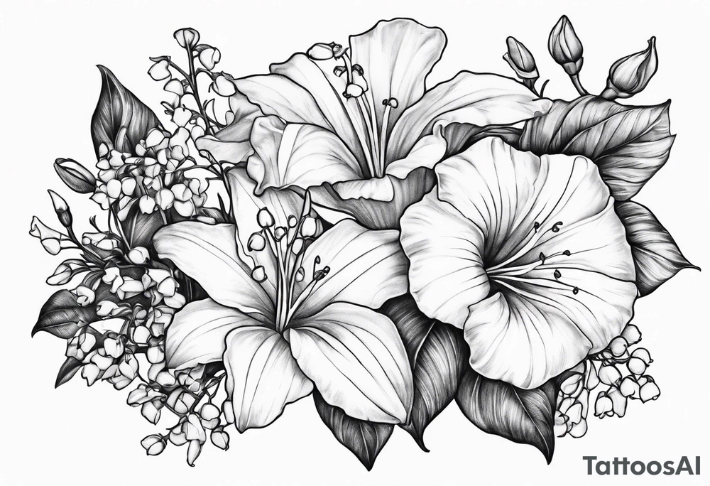 Aster, morning glory and lily of the valley flowers tattoo idea
