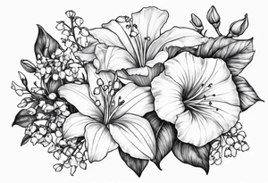 Aster, morning glory and lily of the valley flowers tattoo idea