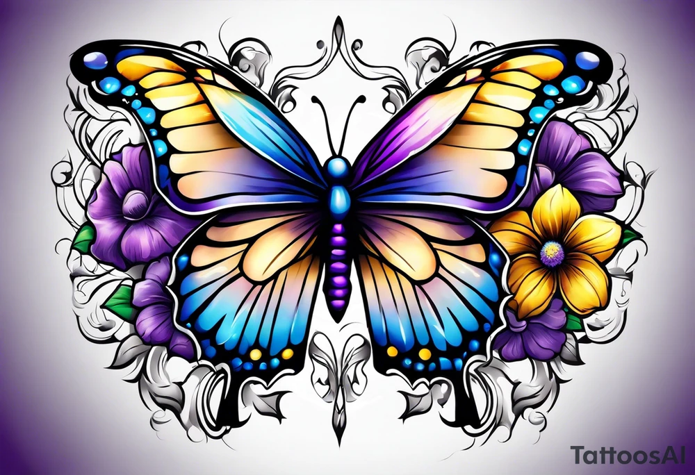 A cross with purple, yellow and blue flowers with a butterfly arm.sleeve tattoo idea