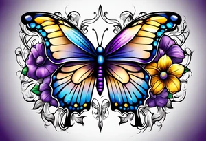 A cross with purple, yellow and blue flowers with a butterfly arm.sleeve tattoo idea