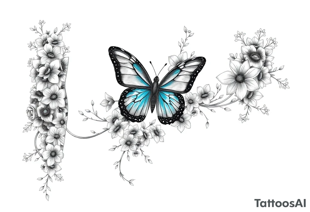 Sleeve/ floral with vines roses and daises large bright blue monarch in center of forearm with floral extending from wrist to mid bicep children’s names written with vines “ amber, Zachary, Justin, Harper, Vivian “ ARM SLEEVE tattoo idea