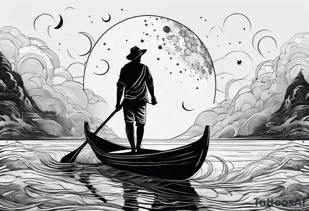 Silouhette of two people on water with moon tattoo idea