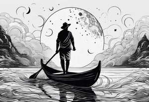 Silouhette of two people on water with moon tattoo idea