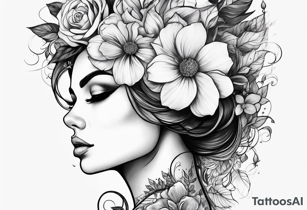 woman with flower growth out of her head tattoo idea