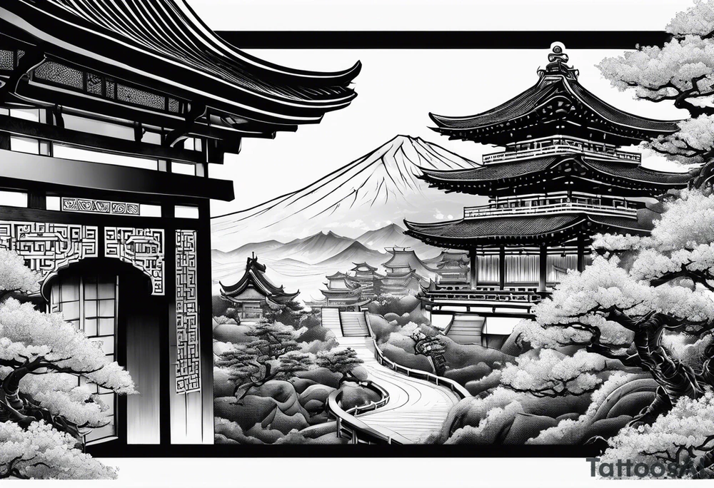 Dragón and samurai in zen circule, tori gate tattoo idea