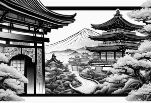Dragón and samurai in zen circule, tori gate tattoo idea