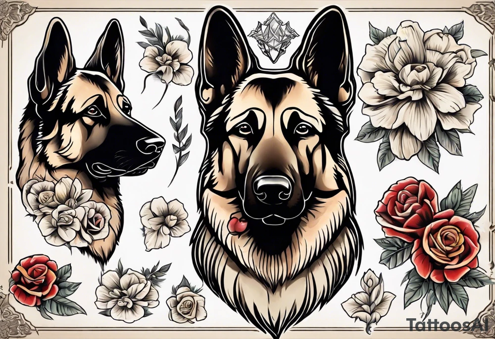 Sable German shepherd portrait with flowers tattoo idea